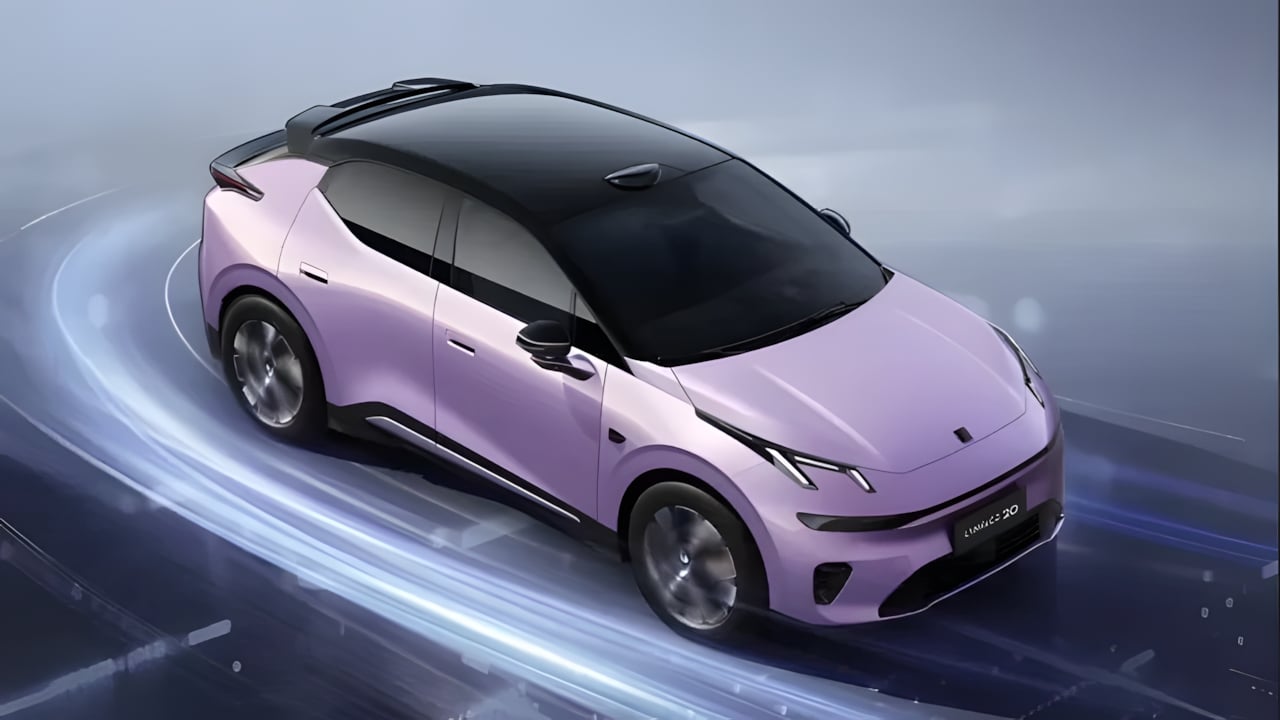Un crossover elettrico con design violetto e dettagli dorati, mostra un sistema di propulsione integrato e una tecnologia di carica rapida