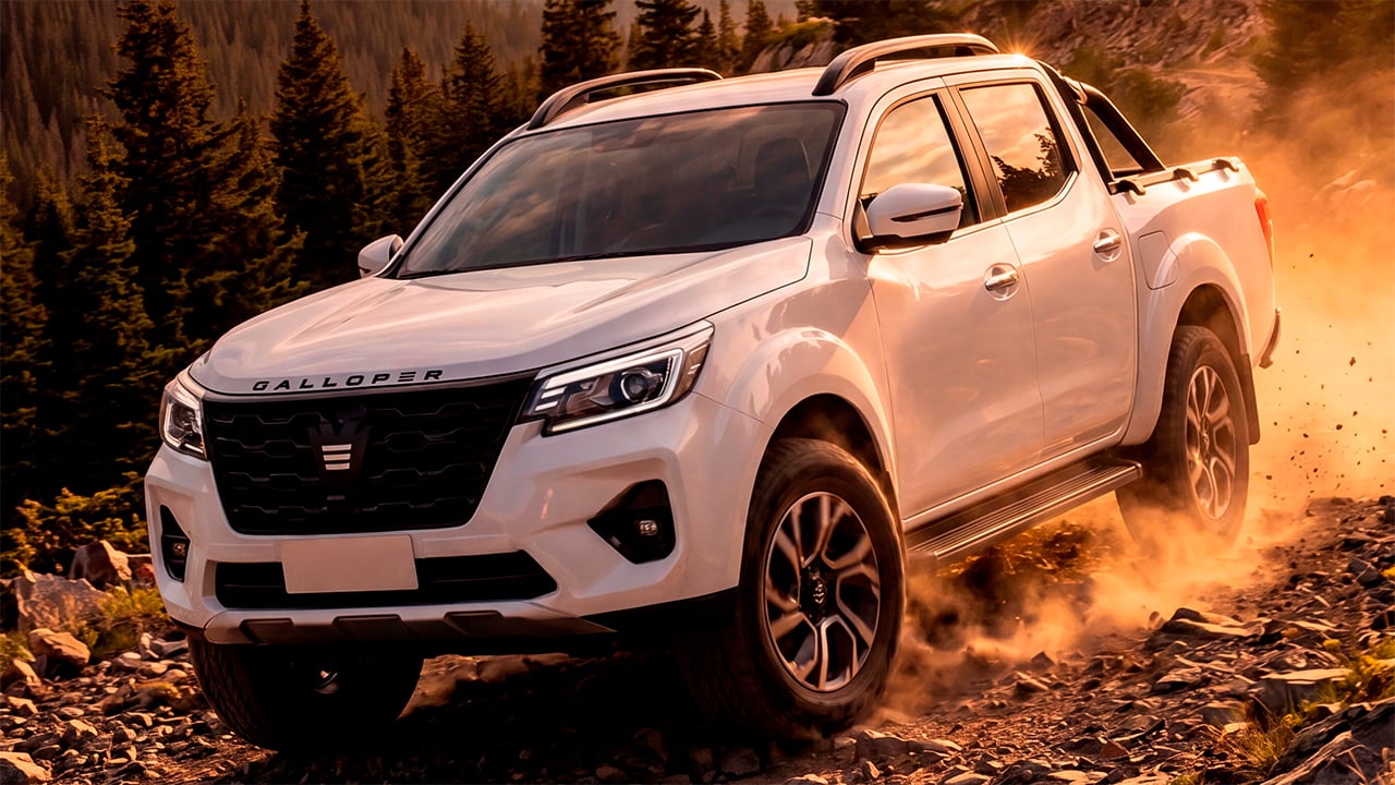Un pick-up e un 4x4 di Galloper in mostra, con tecnologia e design moderni, in un'area di esposizione